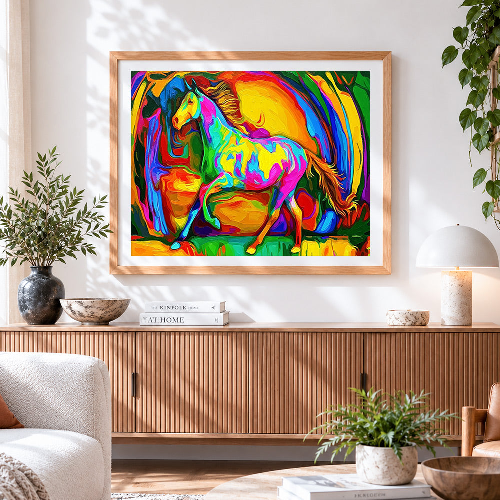 Finished vibrant abstract horse paint by numbers artwork displayed as home decor