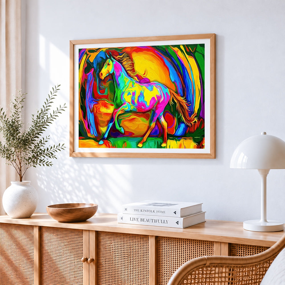 Vibrant abstract horse paint by numbers artwork displayed on wall as home decor