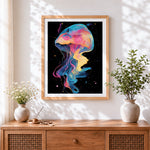Finished vibrant abstract jellyfish cross stitch artwork displayed