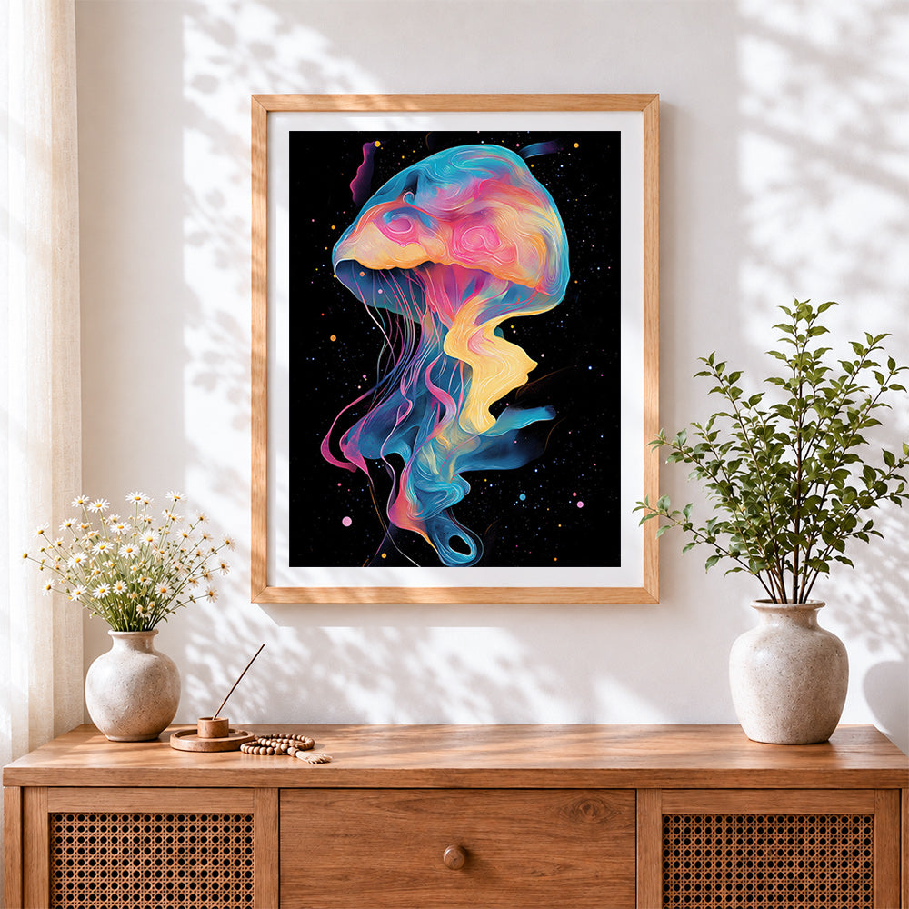 Finished vibrant abstract jellyfish cross stitch artwork displayed
