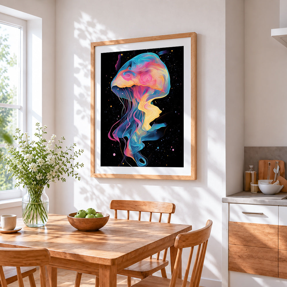Vibrant abstract jellyfish cross stitch artwork displayed on wall as home decor