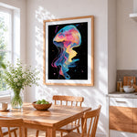 Vibrant abstract jellyfish cross stitch artwork displayed on wall as home decor