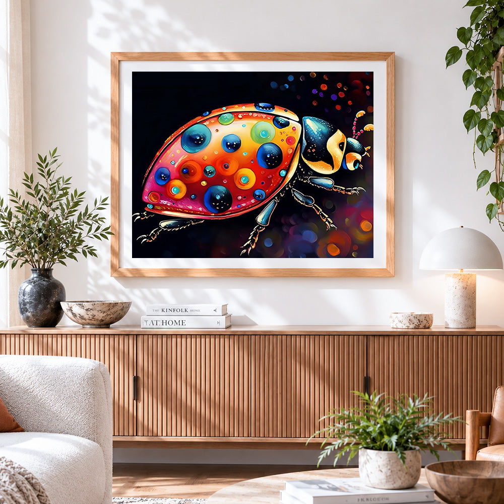 Finished vibrant abstract ladybird cross stitch artwork displayed