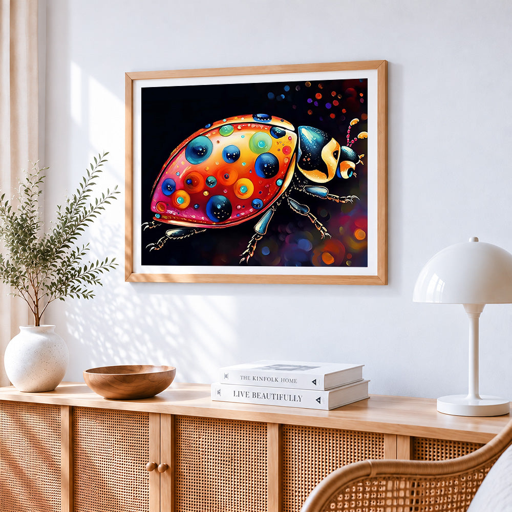 Vibrant abstract ladybird cross stitch artwork displayed on wall as home decor