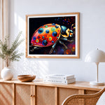 Vibrant abstract ladybird cross stitch artwork displayed on wall as home decor