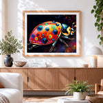 Finished vibrant abstract ladybird paint by numbers artwork displayed as home decor
