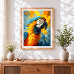 Finished vibrant abstract macaw cross stitch artwork displayed