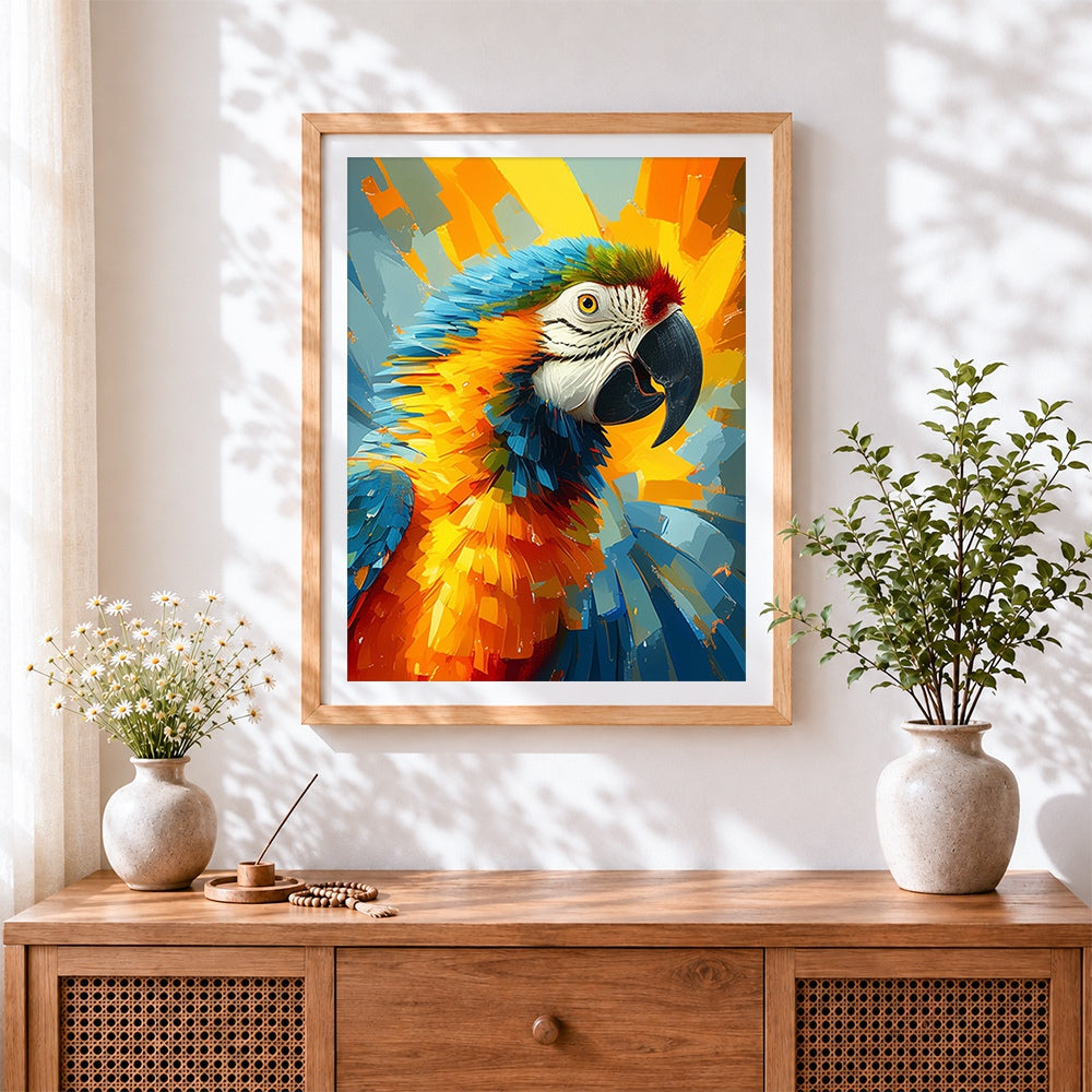 Finished vibrant abstract macaw cross stitch artwork displayed