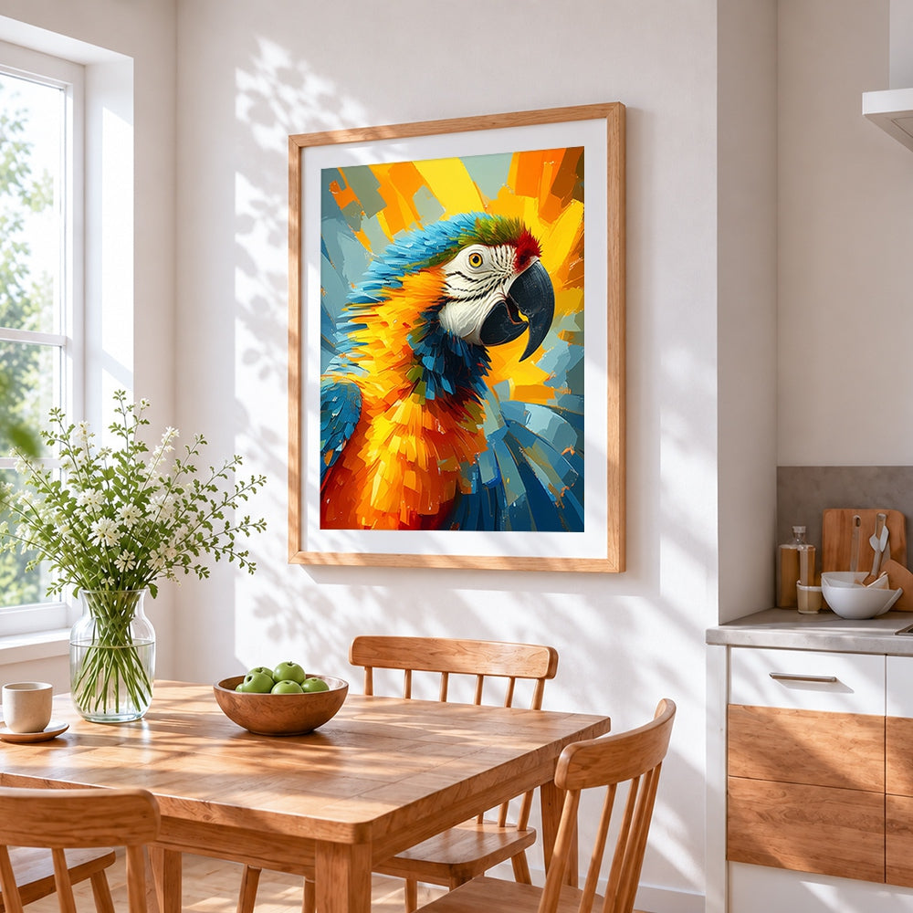 Vibrant abstract macaw cross stitch artwork displayed on wall as home decor
