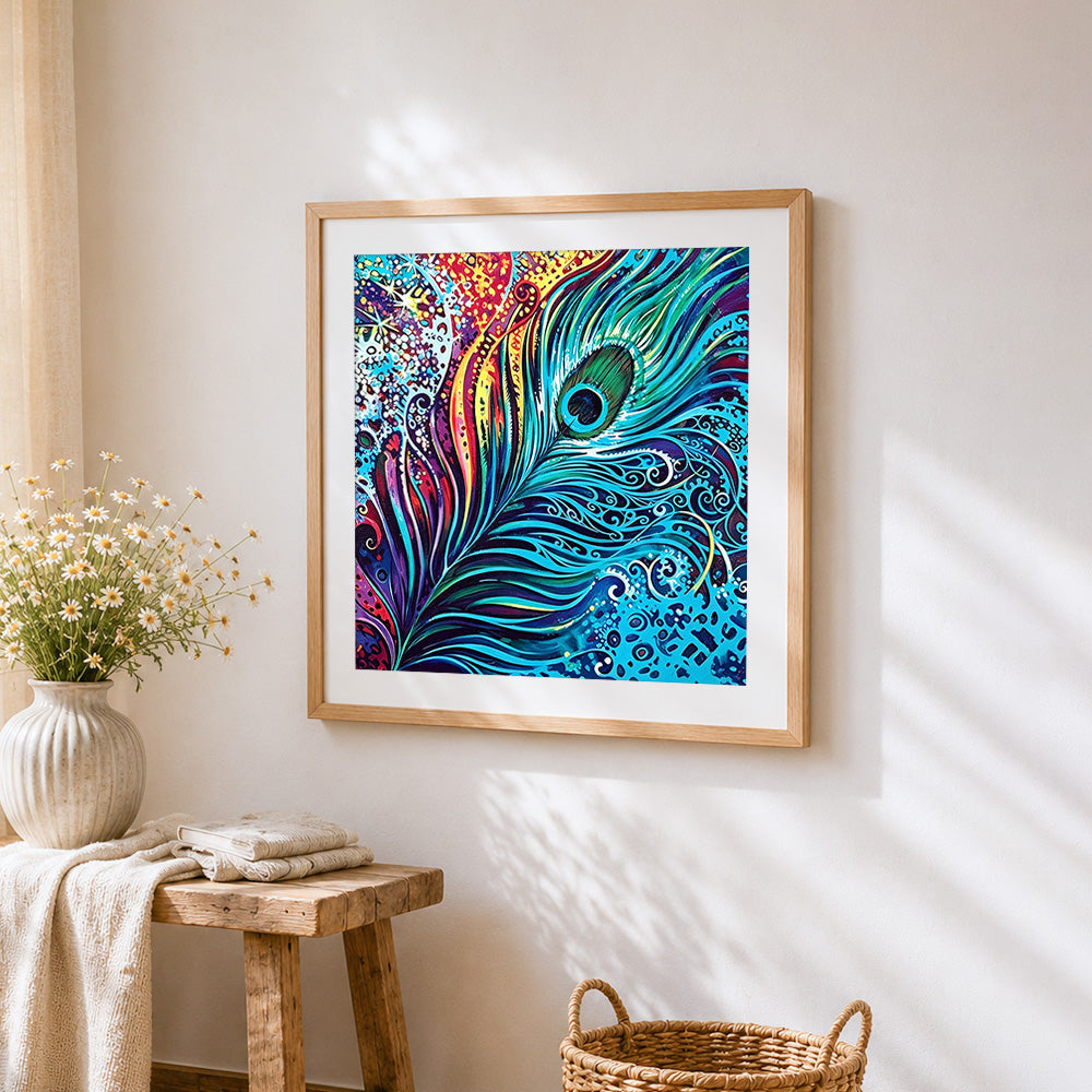 Vibrant abstract peacock feather cross stitch artwork displayed on wall as home decor