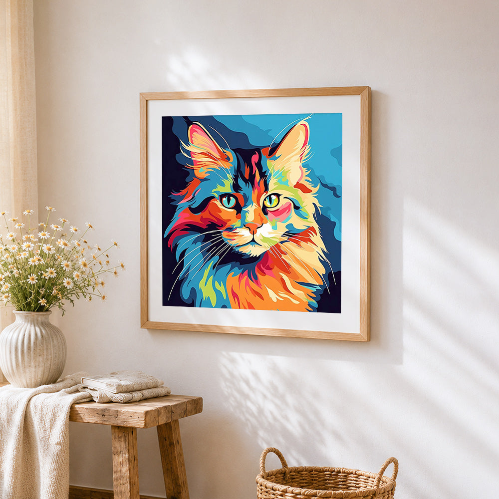 Vibrant abstract pop art cat cross stitch artwork displayed on wall as home decor