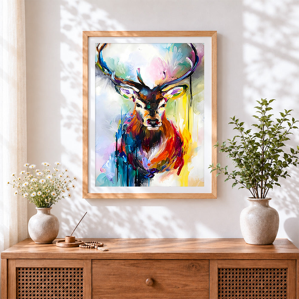 Finished vibrant abstract stag head paint by numbers artwork displayed as home decor