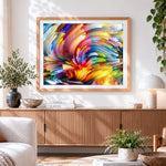 Finished vibrant abstract swirls cross stitch artwork displayed