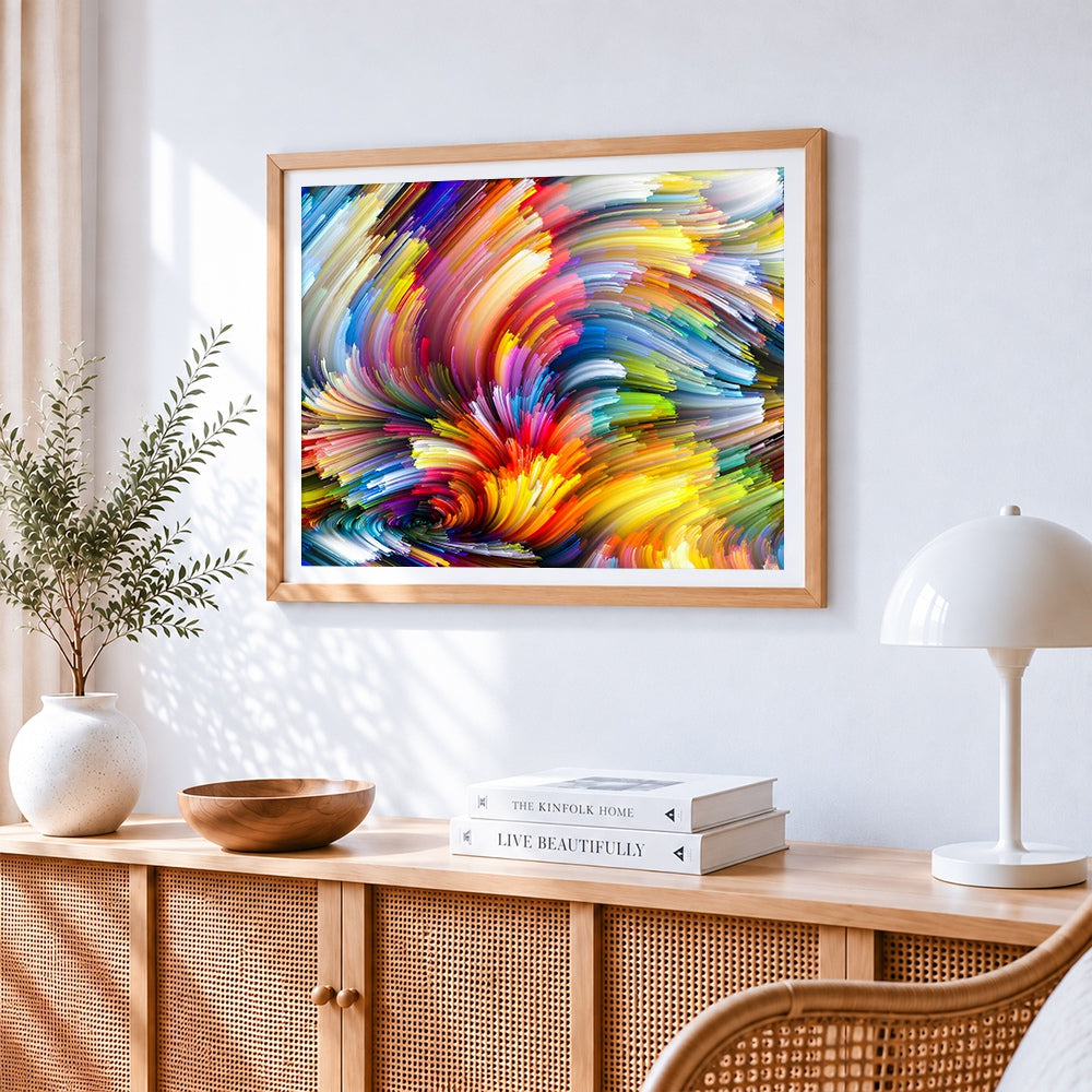 Vibrant abstract swirls cross stitch artwork displayed on wall as home decor