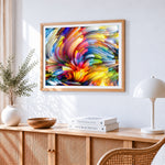 Vibrant abstract swirls cross stitch artwork displayed on wall as home decor