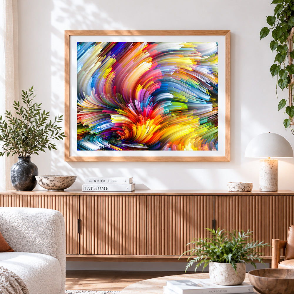 Finished vibrant abstract swirls paint by numbers artwork displayed as home decor