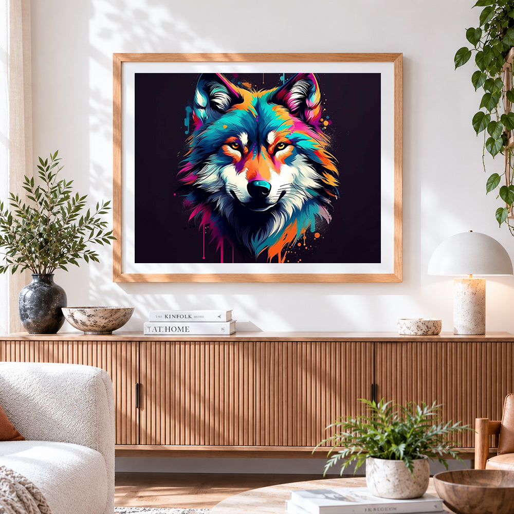 Finished vibrant abstract wolf portrait cross stitch artwork displayed