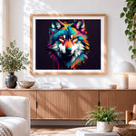 Finished vibrant abstract wolf portrait cross stitch artwork displayed