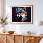Vibrant abstract wolf portrait cross stitch artwork displayed on wall as home decor