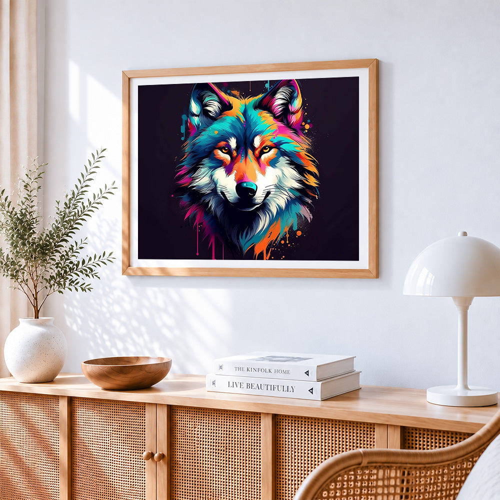 Vibrant abstract wolf portrait cross stitch artwork displayed on wall as home decor