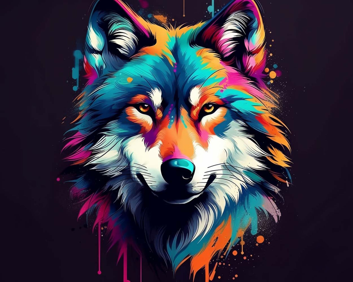 Vibrant abstract wolf portrait paint by numbers kit for beginners