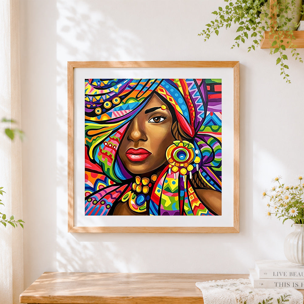 Finished vibrant african woman portrait paint by numbers artwork displayed as home decor