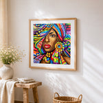 Vibrant african woman portrait paint by numbers artwork displayed on wall as home decor