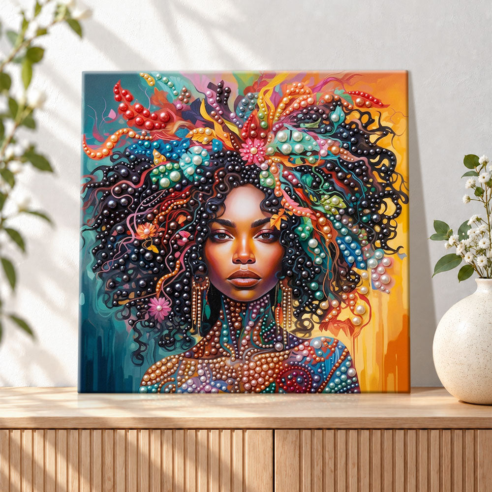 Finished vibrant afro woman with pearl adornments pearl diamond painting artwork displayed as holiday home decor