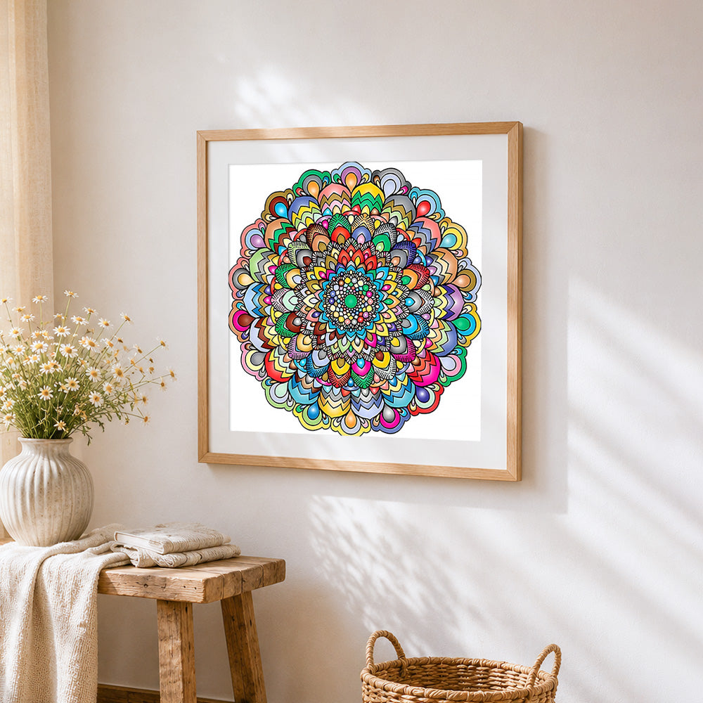 Vibrant and bold mandala cross stitch artwork displayed on wall as home decor