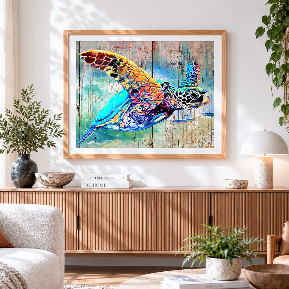 Finished vibrant artistic sea turtle paint by numbers artwork displayed as home decor