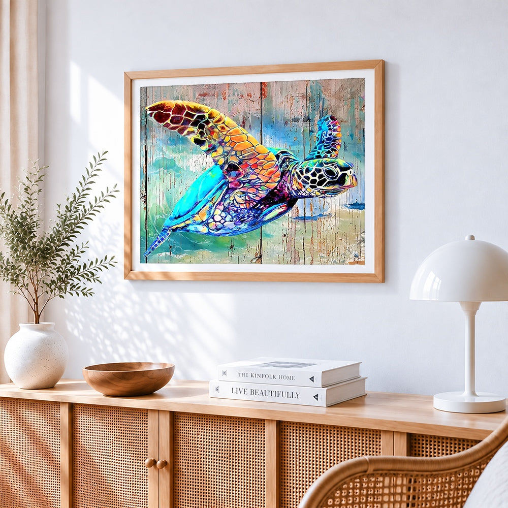 Vibrant artistic sea turtle paint by numbers artwork displayed on wall as home decor