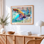 Vibrant artistic sea turtle paint by numbers artwork displayed on wall as home decor