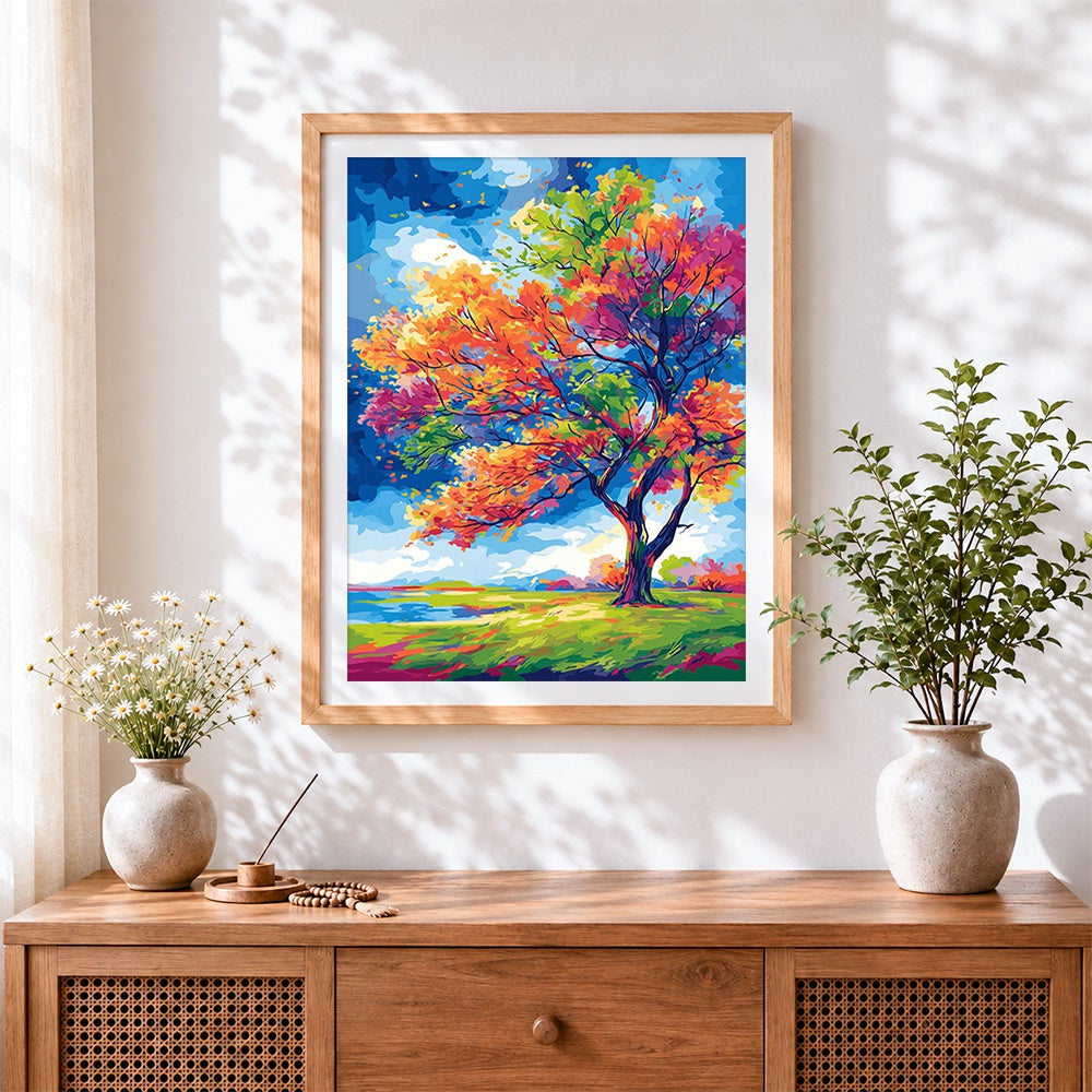 Finished vibrant autumn tree cross stitch artwork displayed