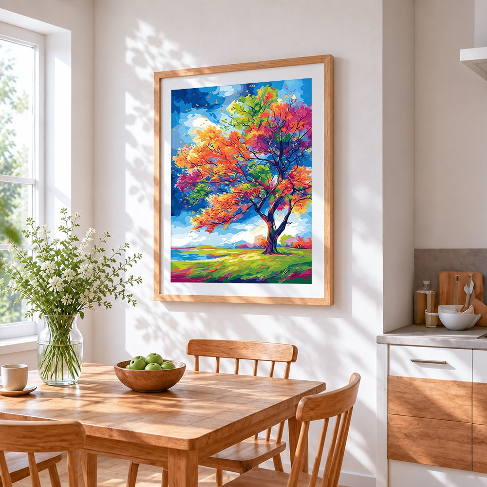 Vibrant autumn tree cross stitch artwork displayed on wall as home decor