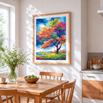 Vibrant autumn tree cross stitch artwork displayed on wall as home decor