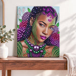 Finished vibrant beaded portrait pearl diamond painting artwork displayed as home decor