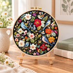 Vibrant bird floral scene embroidery kit finished hoop displayed on a wooden stand as cozy tabletop decor