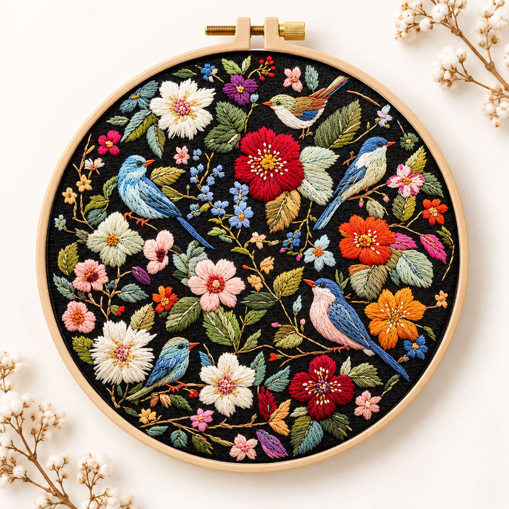 Vibrant bird floral scene embroidery kit