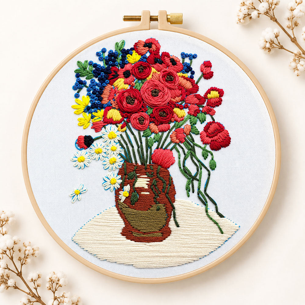 Vibrant bouquet in vase embroidery kit