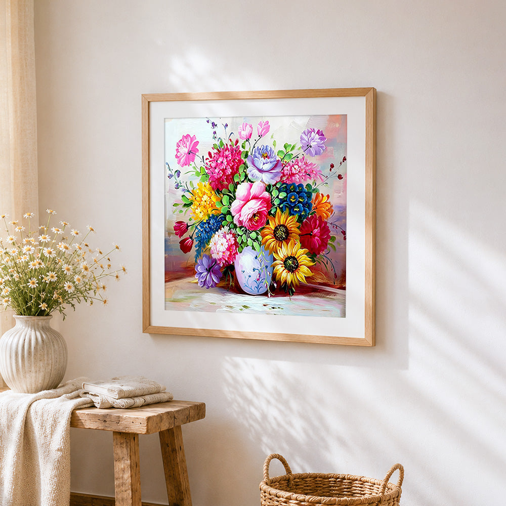 Vibrant bouquet still life cross stitch artwork displayed on wall as home decor