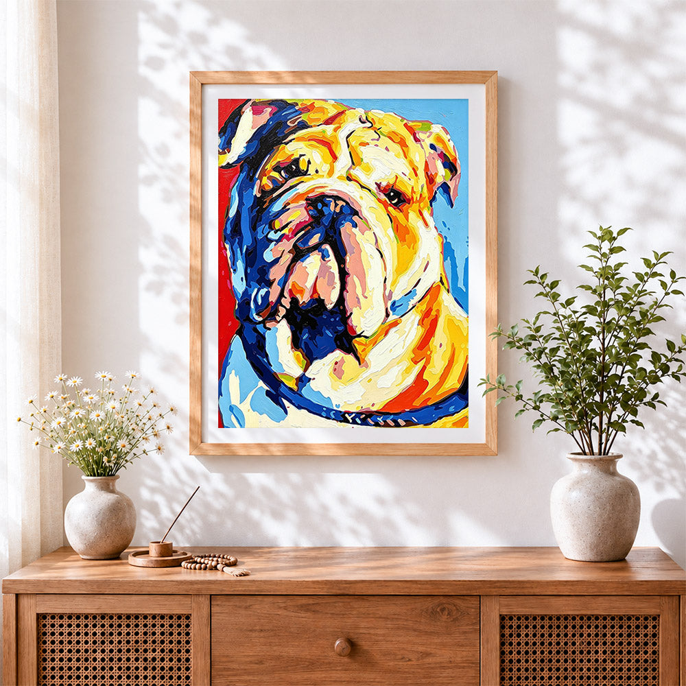 Finished vibrant bulldog portrait cross stitch artwork displayed
