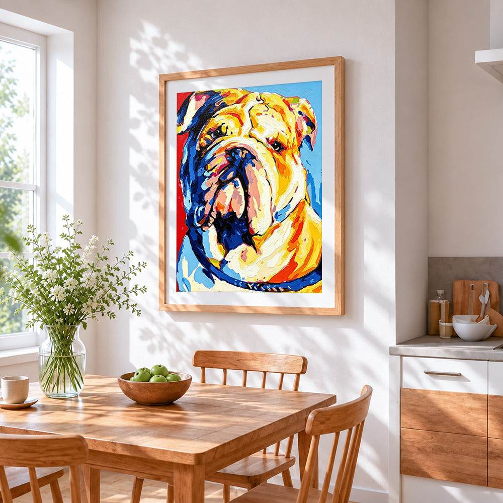 Vibrant bulldog portrait cross stitch artwork displayed on wall as home decor