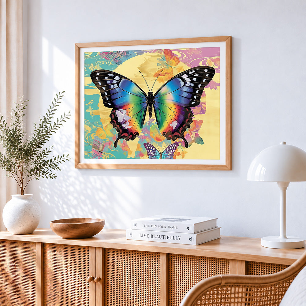 Vibrant butterfly and full moon cross stitch artwork displayed on wall as home decor