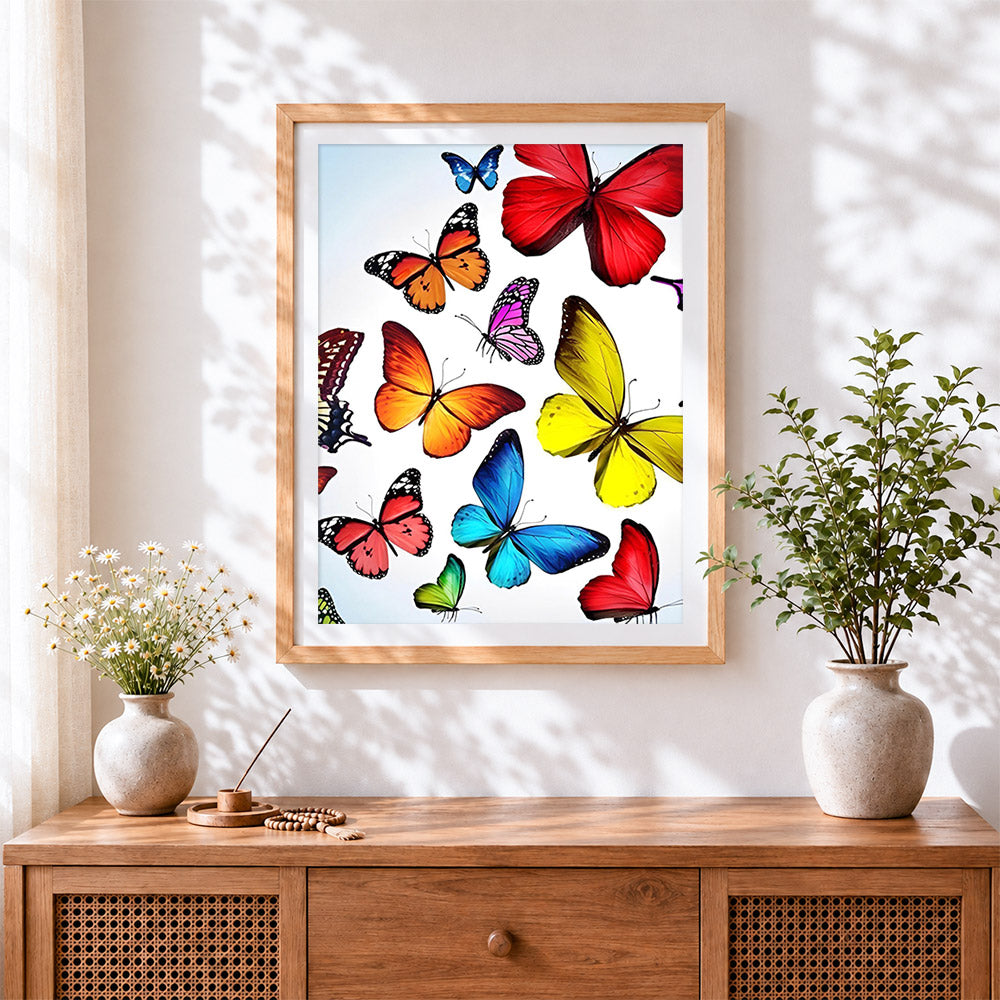 Finished vibrant butterfly collection cross stitch artwork displayed