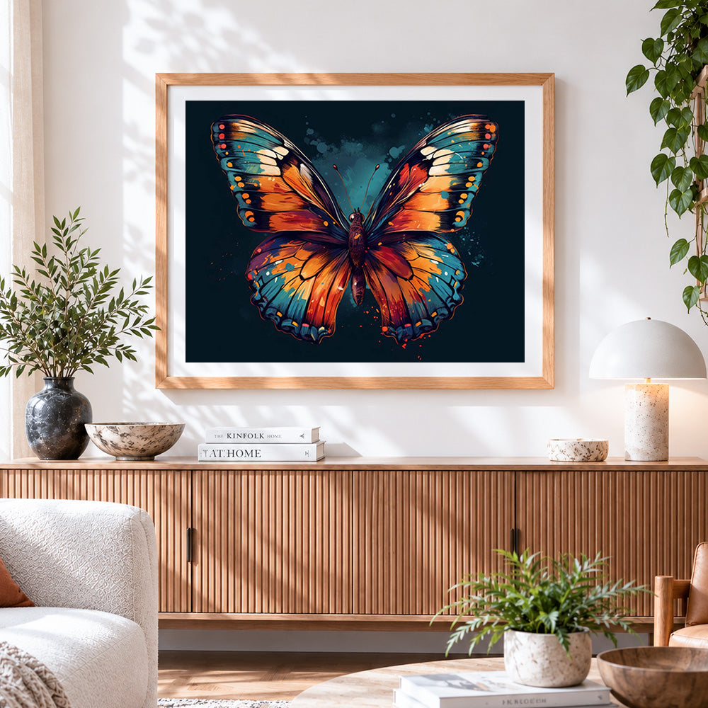 Finished vibrant butterfly on dark background paint by numbers artwork displayed as home decor