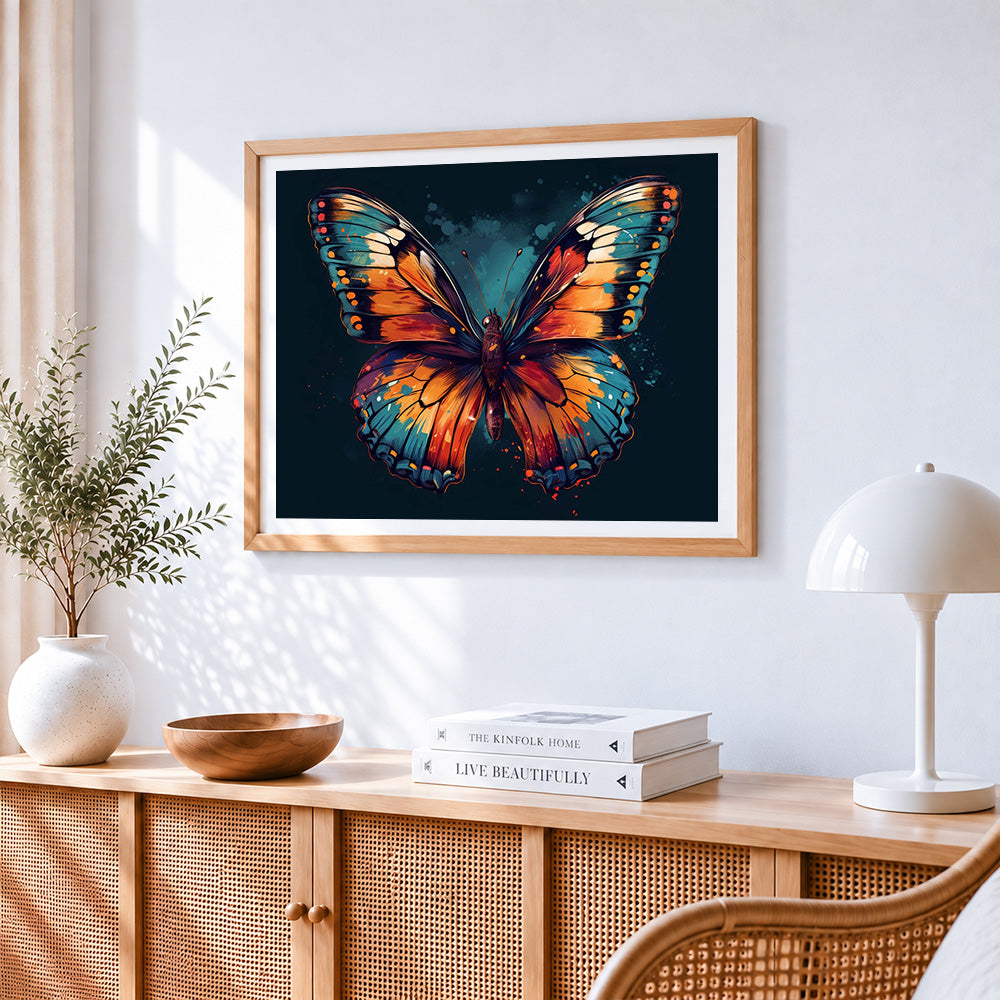 Vibrant butterfly on dark background paint by numbers artwork displayed on wall as home decor