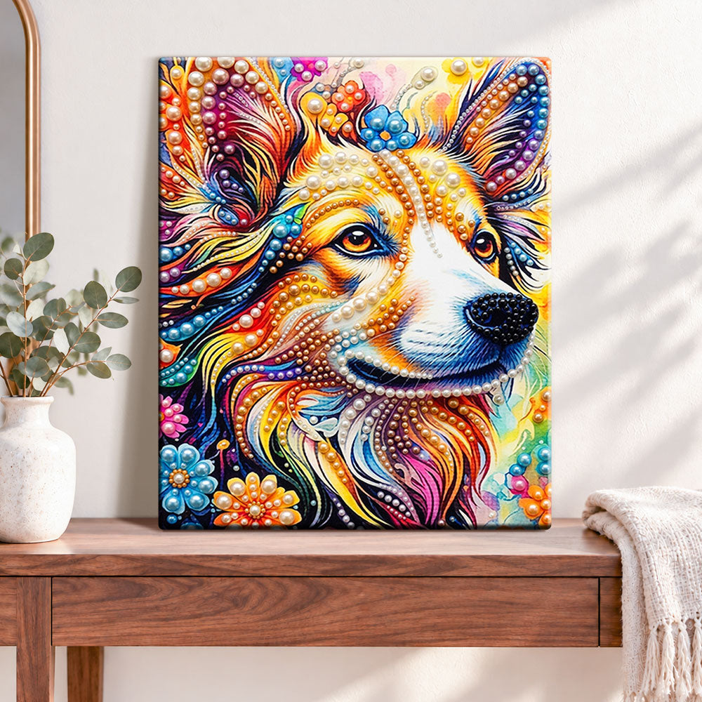 Finished vibrant canine art pearl diamond painting artwork displayed as home decor