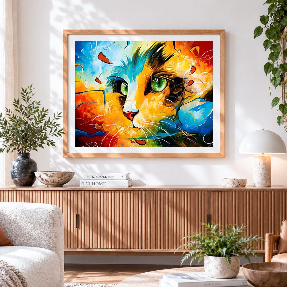 Finished vibrant cat face cross stitch artwork displayed