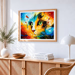 Vibrant cat face cross stitch artwork displayed on wall as home decor