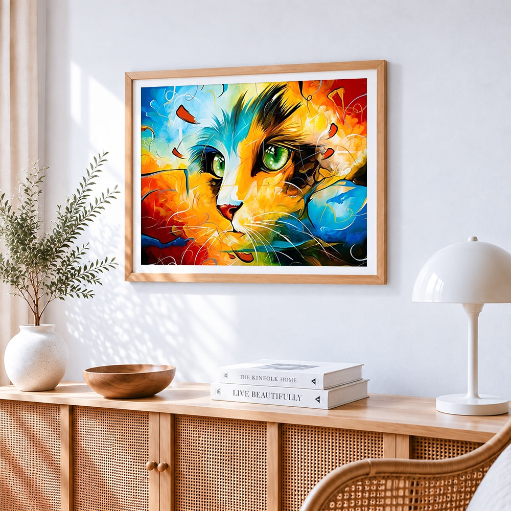 Vibrant cat face cross stitch artwork displayed on wall as home decor